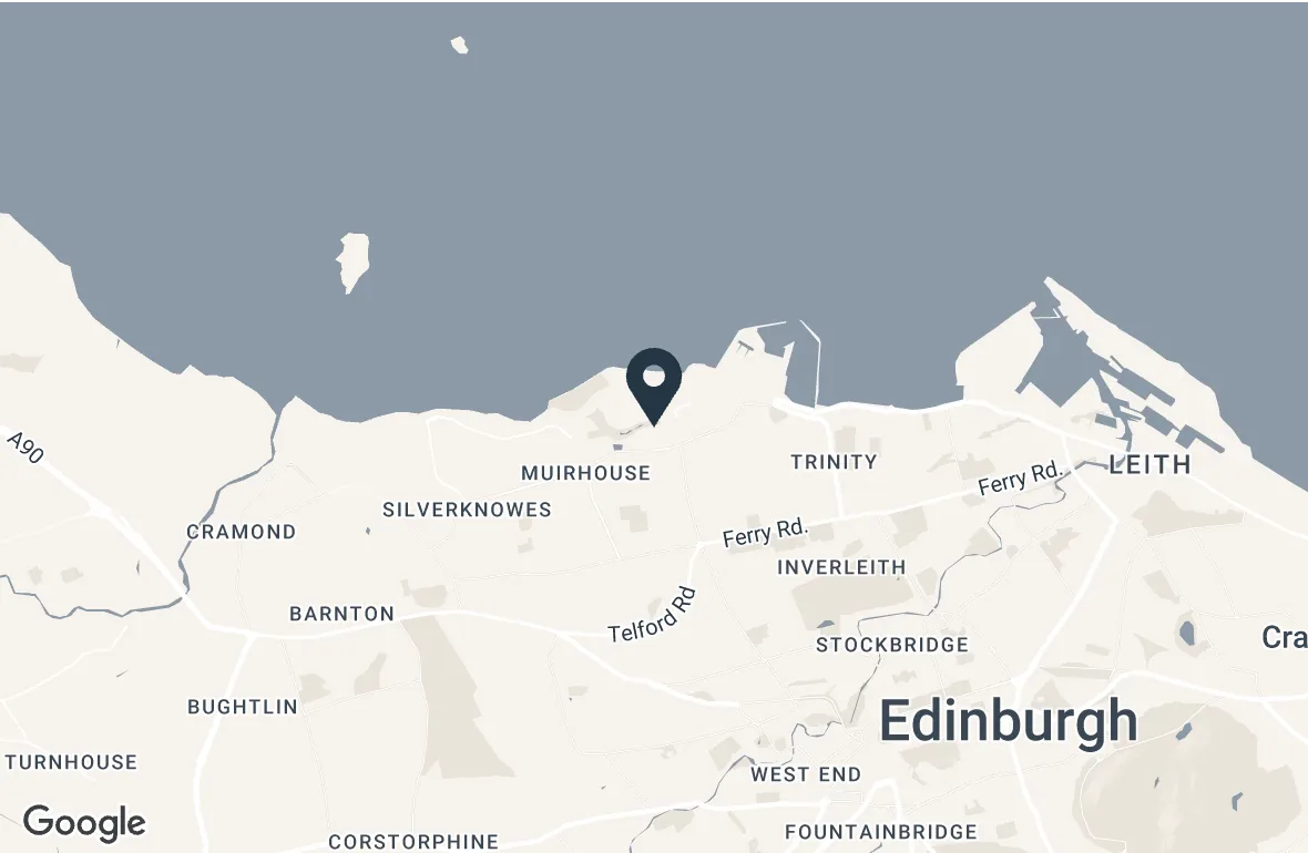 Map of north Edinburgh showing Waterfront Private Hospital on the waterfront, between Granton and Leith