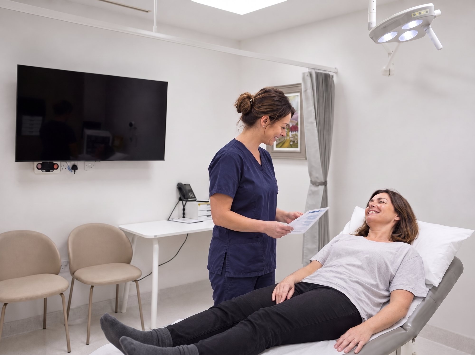 Nurse checking a dressing at a follow-up review in a Waterfront consulting room
