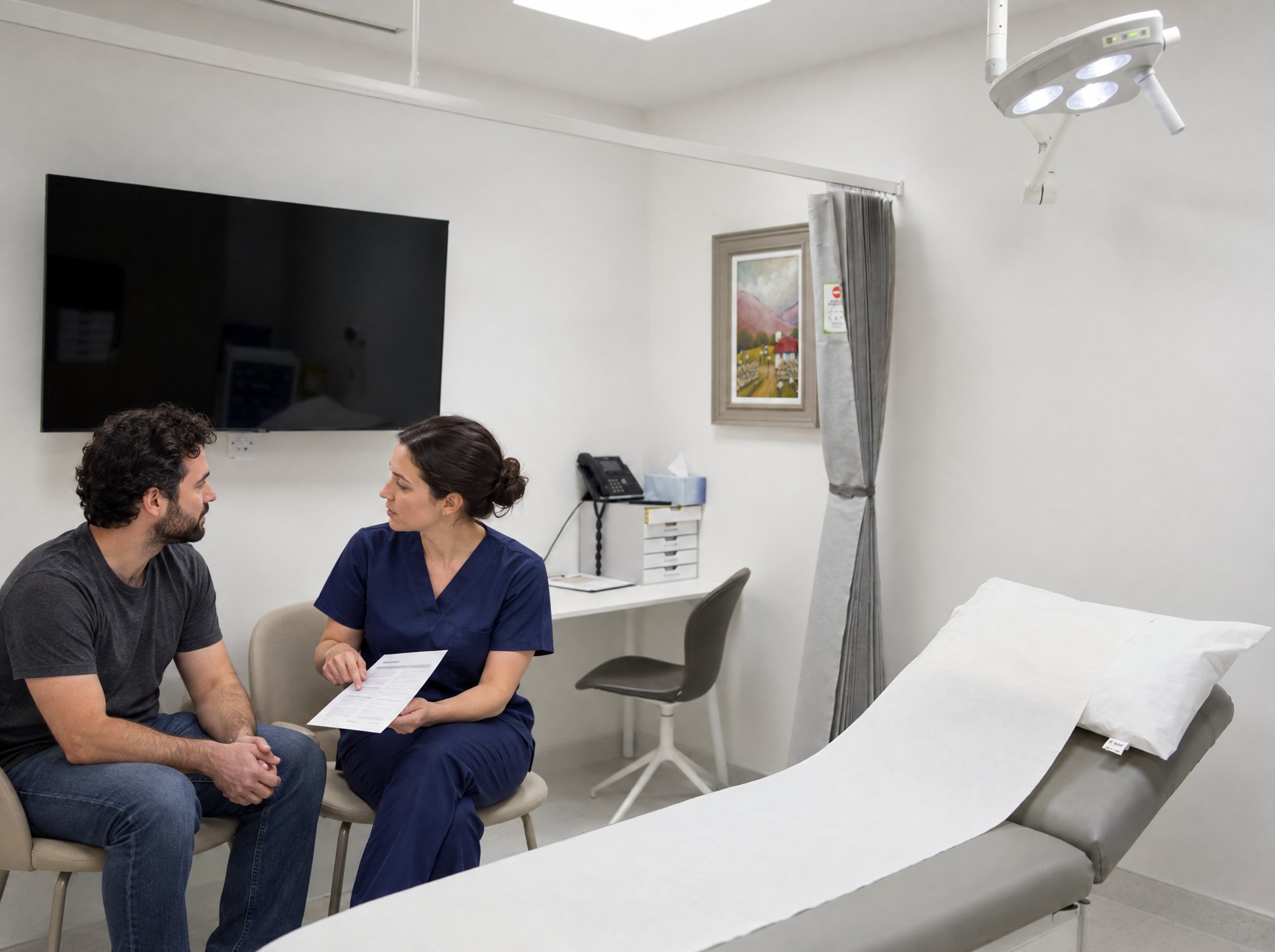 Nurse talking a patient through his aftercare sheet in a Waterfront consulting room