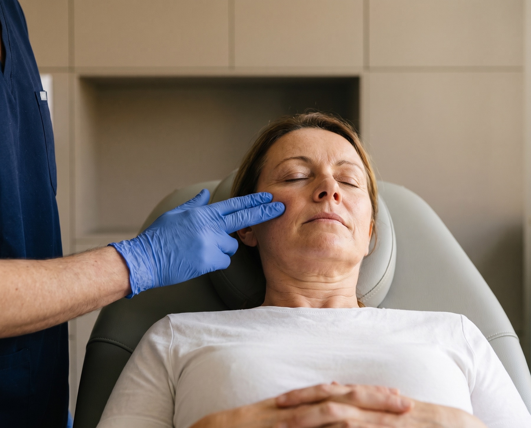 Clinician assessing cheek volume