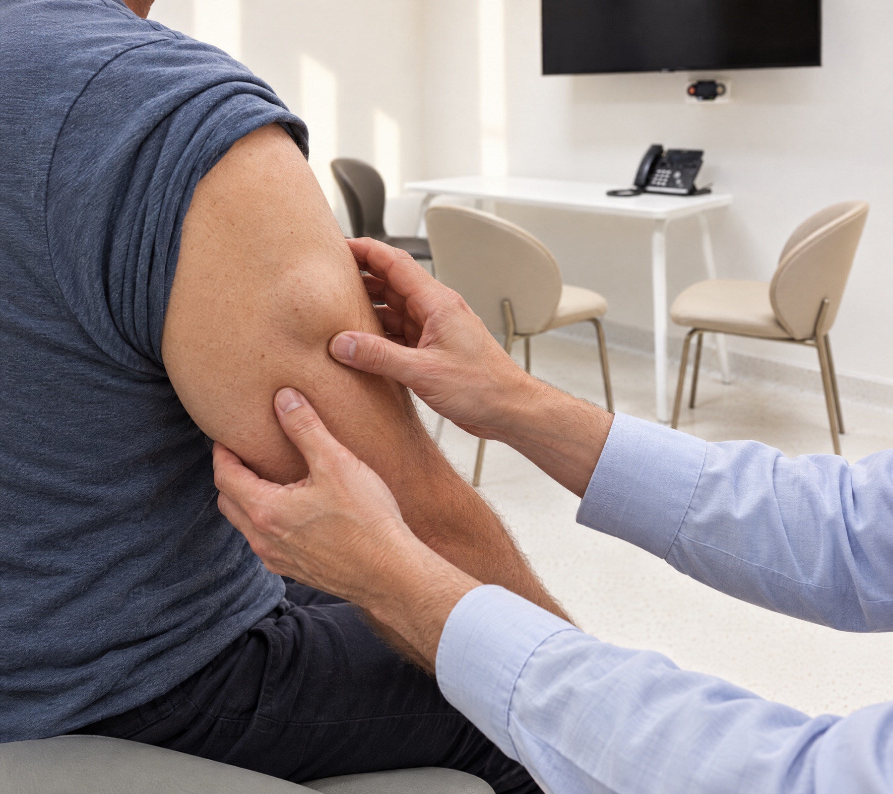 Consultant feeling a lump on the upper arm