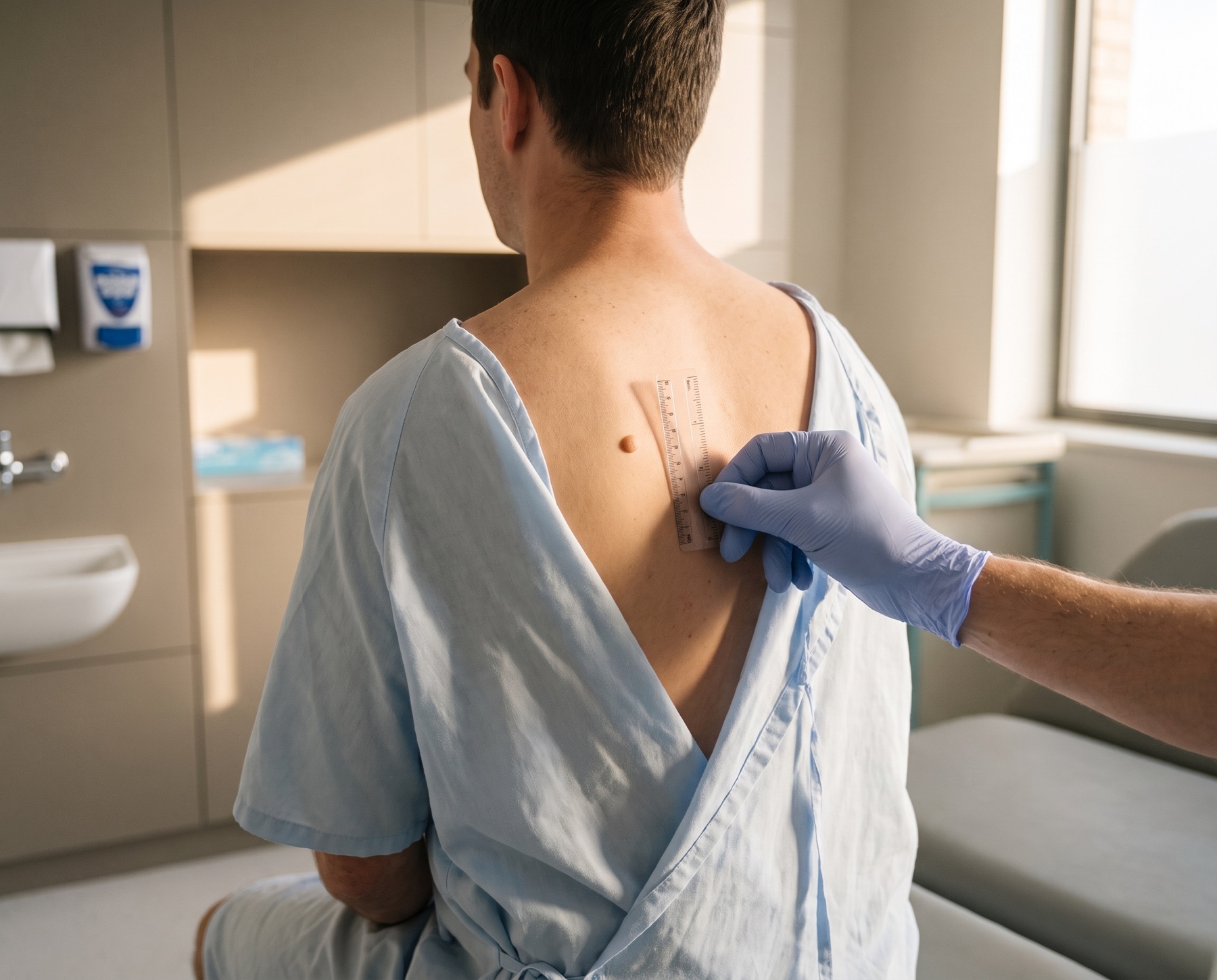 Consultant measuring a benign mole on the shoulder