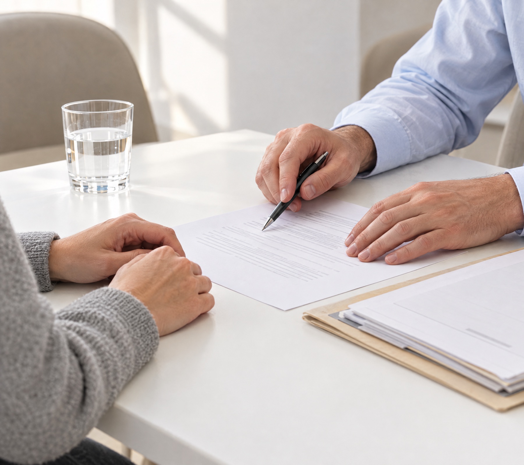 Consultant and patient reviewing letters and notes at the desk