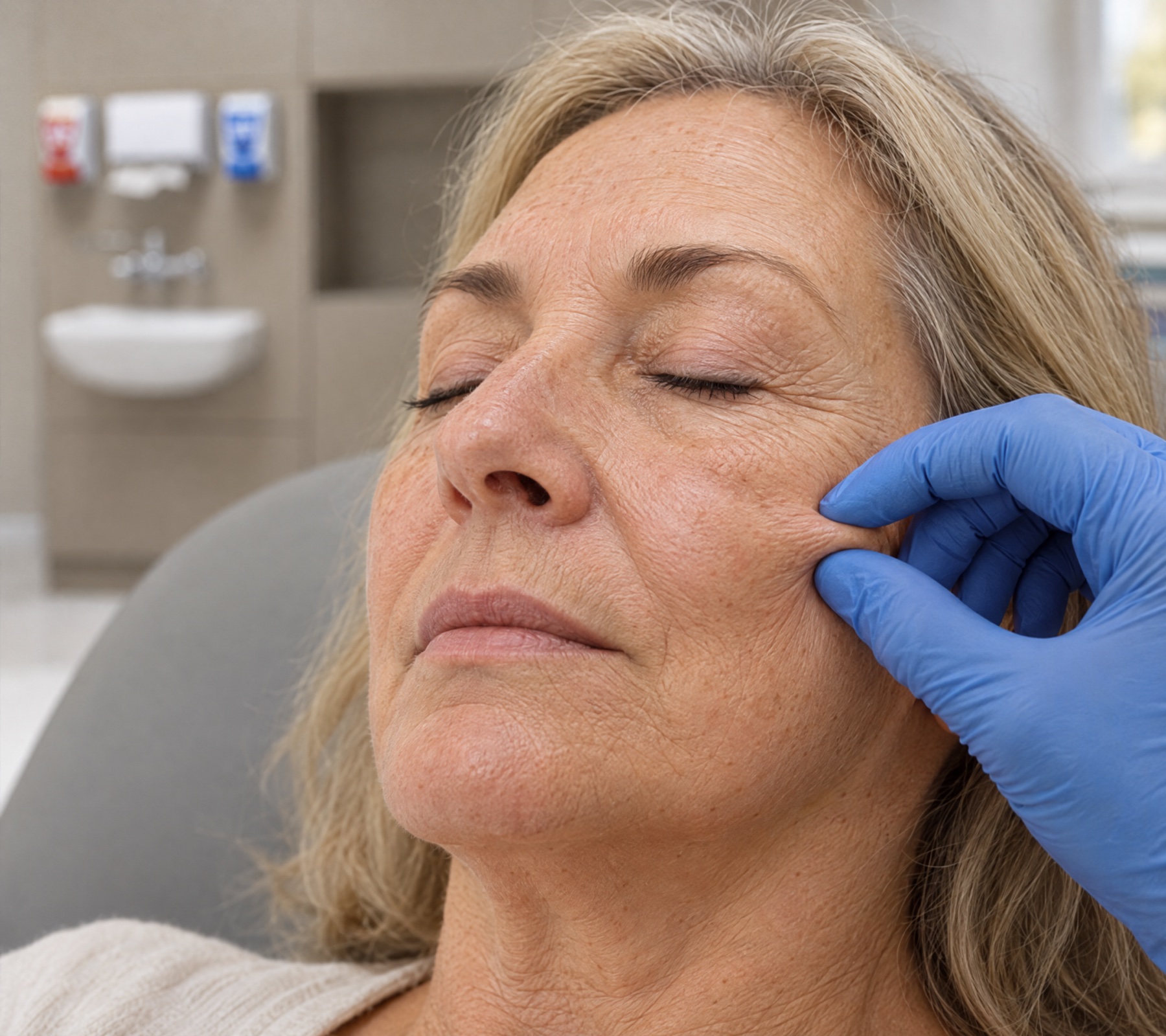 Clinician assessing skin elasticity on the cheek