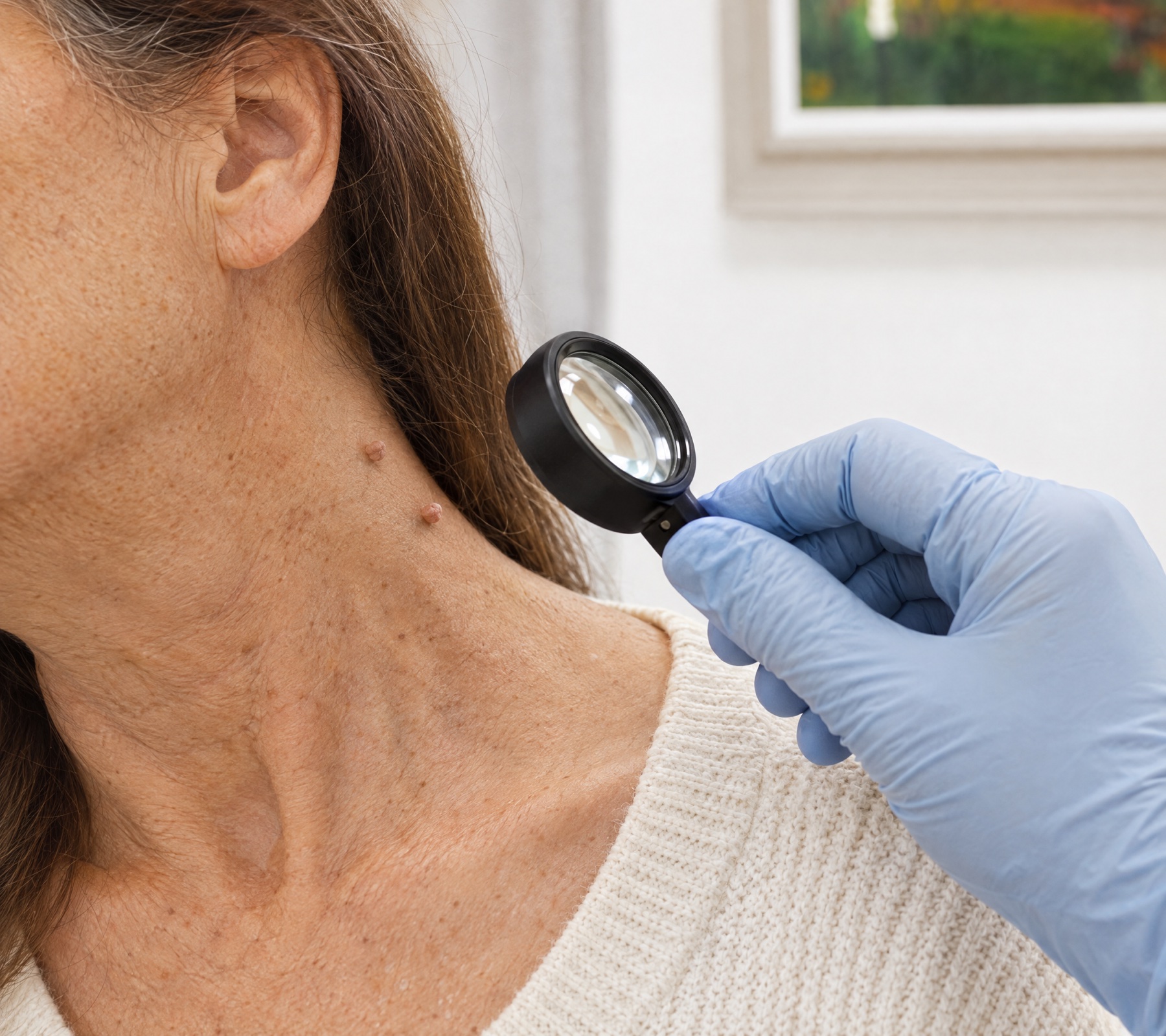 Clinician examining skin tags with a magnifier